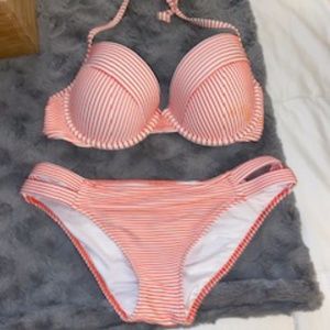 Orange and White Striped Bathing Suit Set